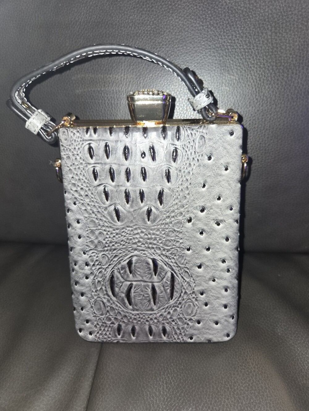 Metallic Gray Evening Box Clutch with Gold Accents